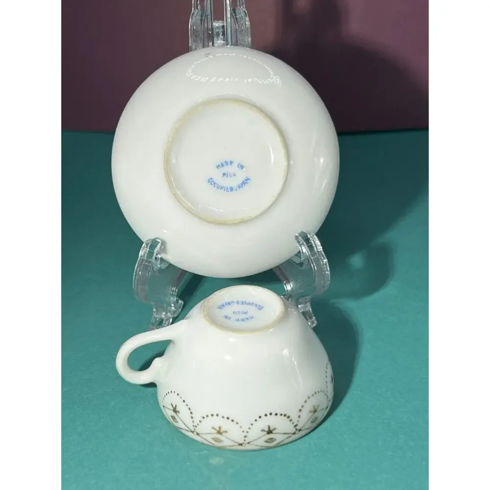 Miniature Teacup Tea Cup & Saucer White Gold Trim Pico Occupied Japan Vintage